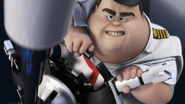 O comandante McCrea luta contra o piloto automático da nave Axiom, na animação WALL-E (Reprodução)