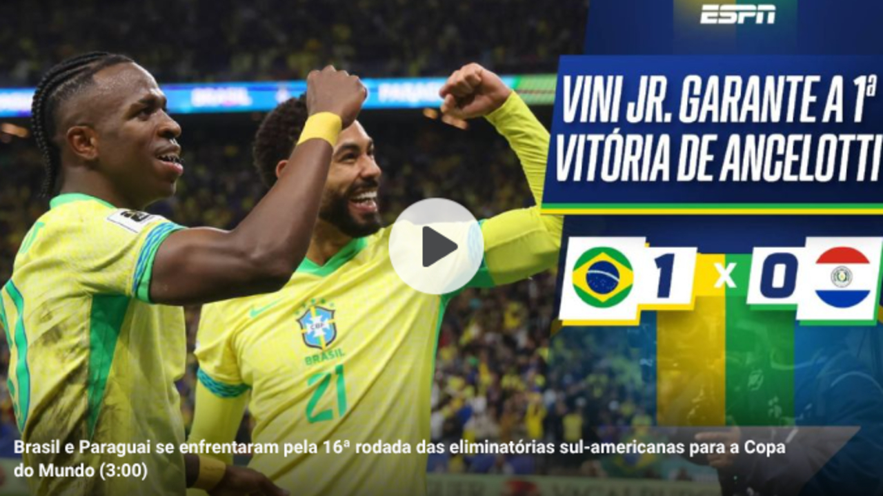 Brasil vence Paraguai com gol de Vini Jr e classifica para a Copa 2026 (Foto: Reprodução/ESPN)