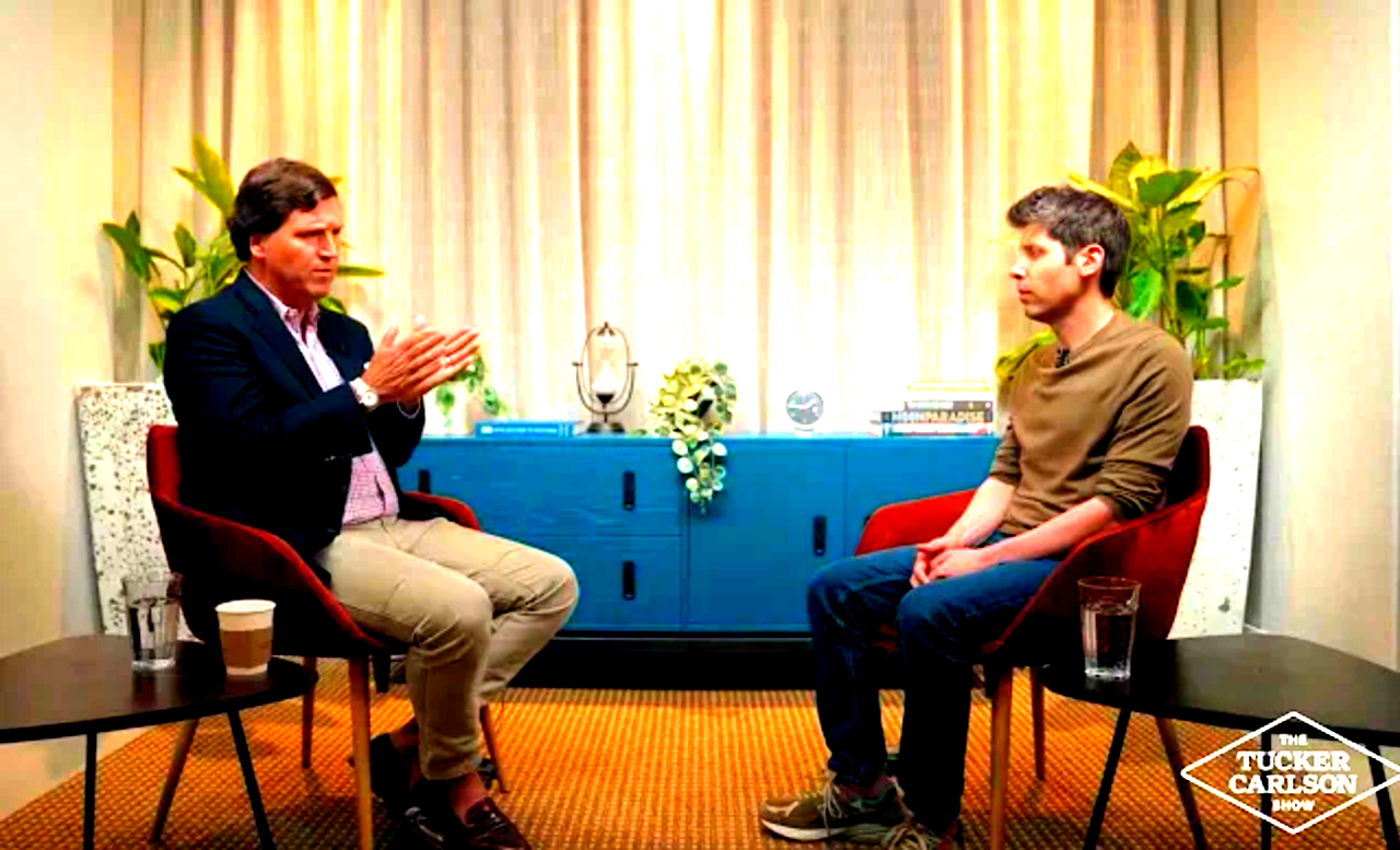 Sam Altman em entrevista a Tucker Carlson falando de seus medos em relação à IA (Foto: Reprodução/TV)